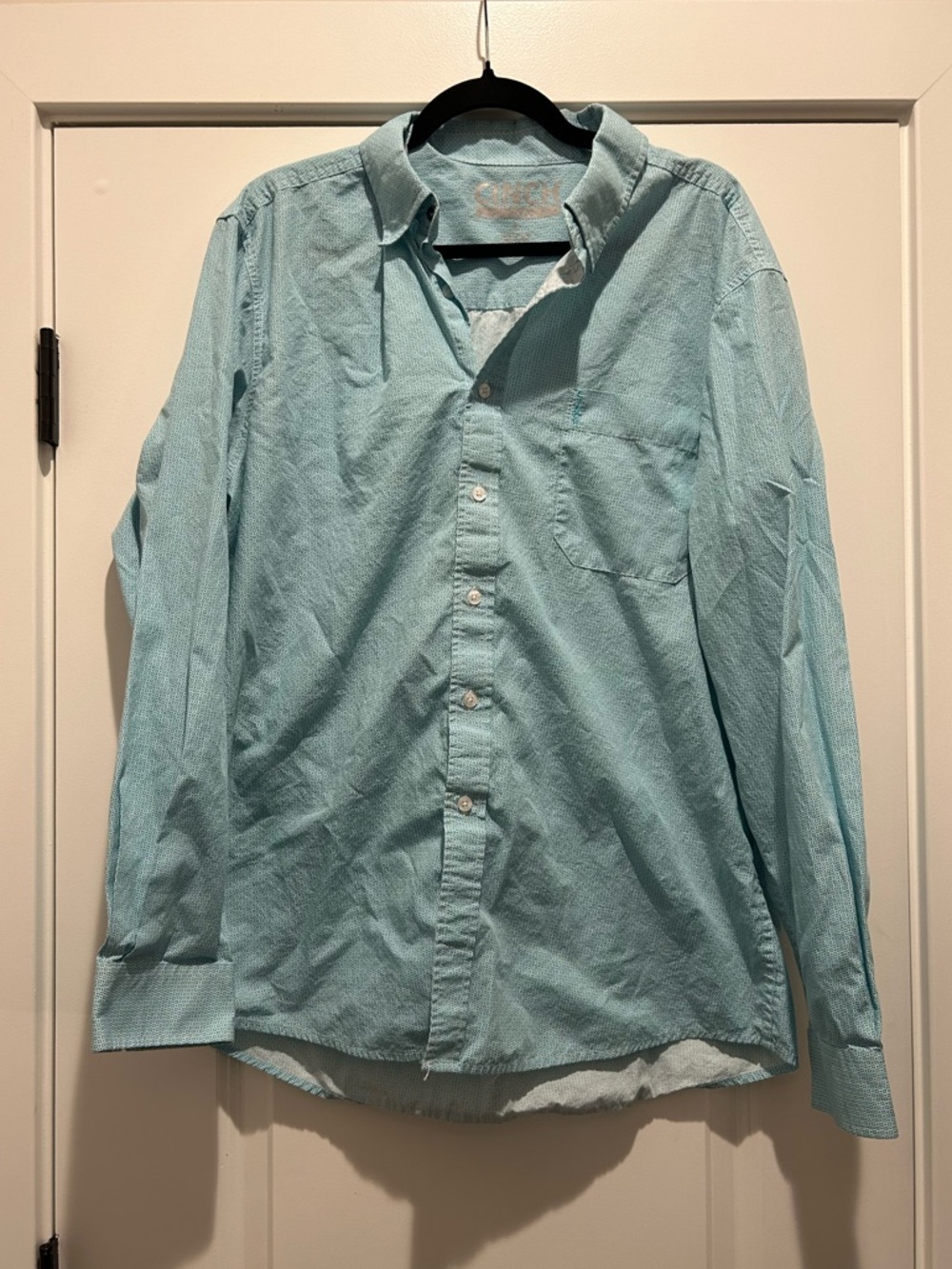 Cinch Modern Fit Men’s Button Down Shirt Teal Geometric Print Size L